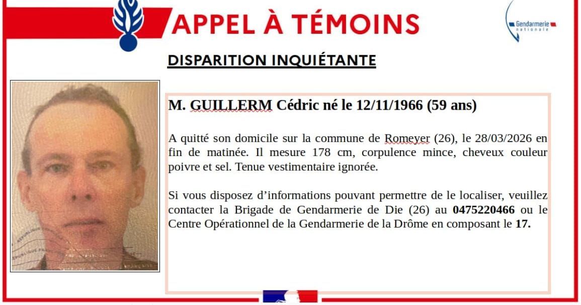 Une disparition inquiétante à Romeyer : un homme de 59 ans recherché par la gendarmerie