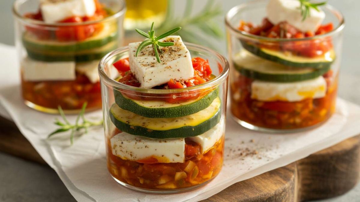 Savourez des verrines apéritives aux tomates, courgettes et fromage de brebis