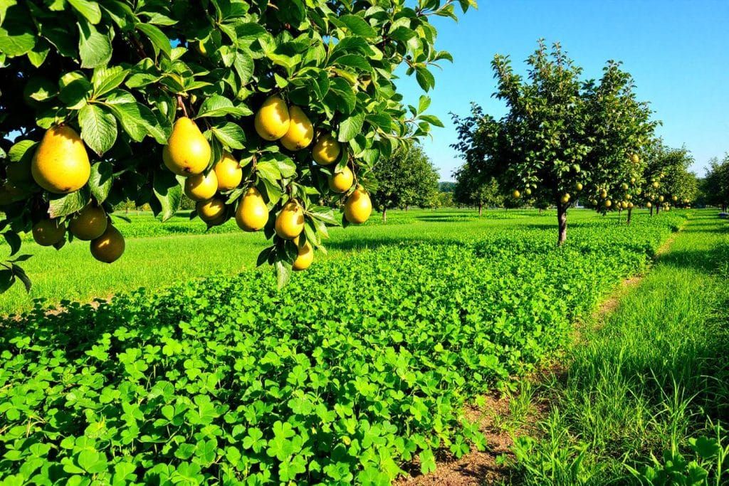 Un verger florissant : le trèfle, allié incontournable des poiriers en été