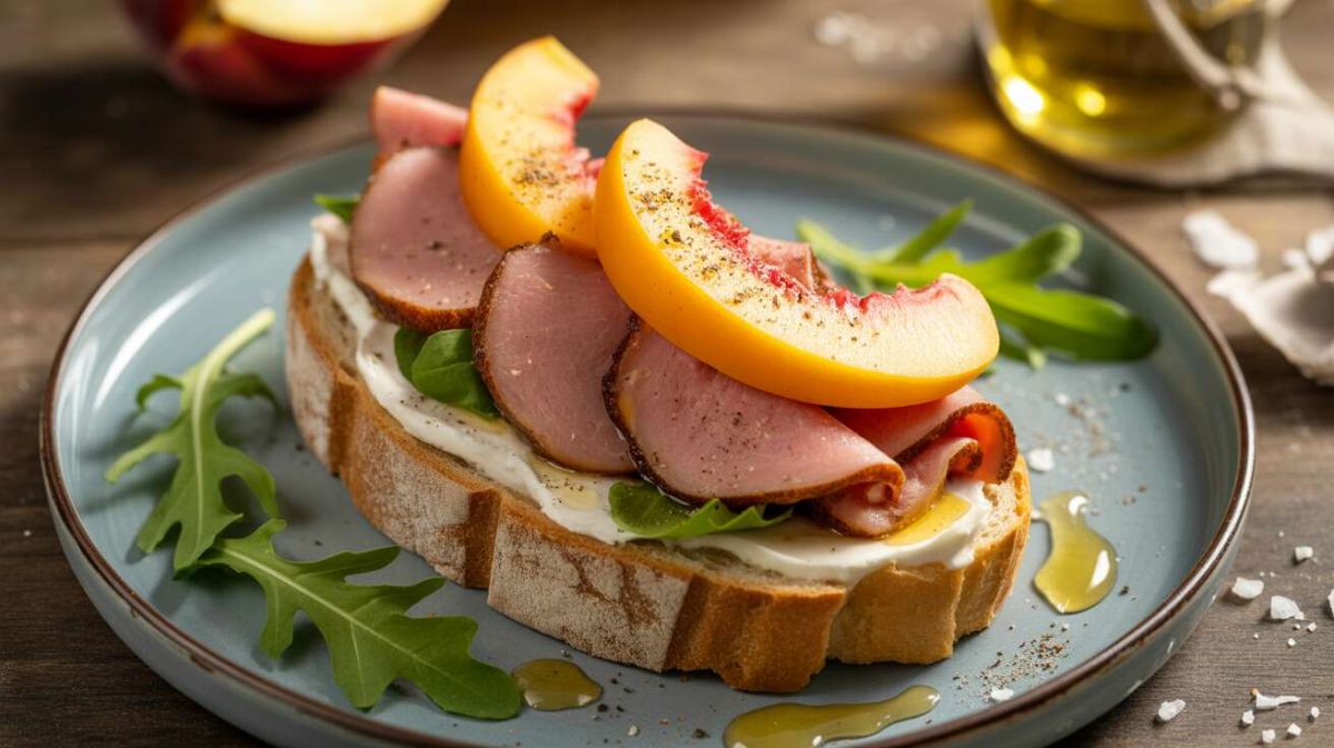 Une tartine audacieuse : viande des Grisons, pêches et fromage