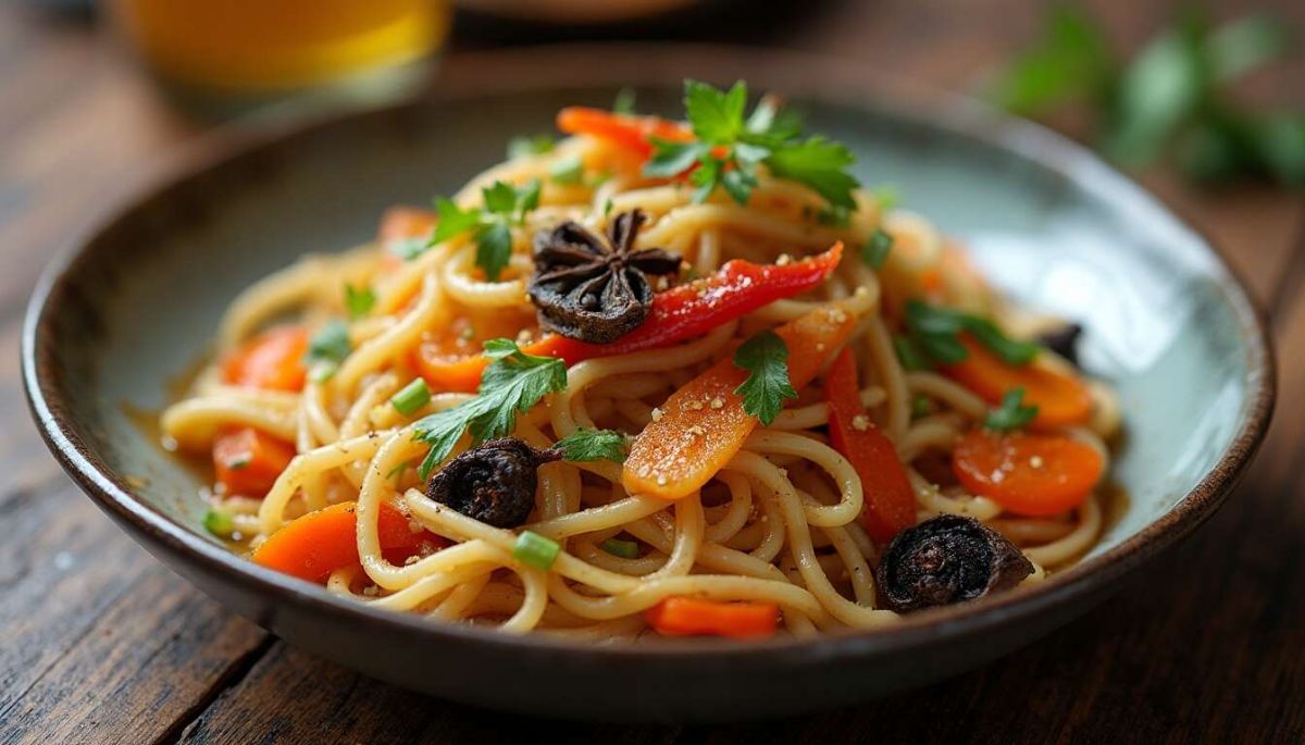 Sauté de légumes croquants à l'orange et nouilles